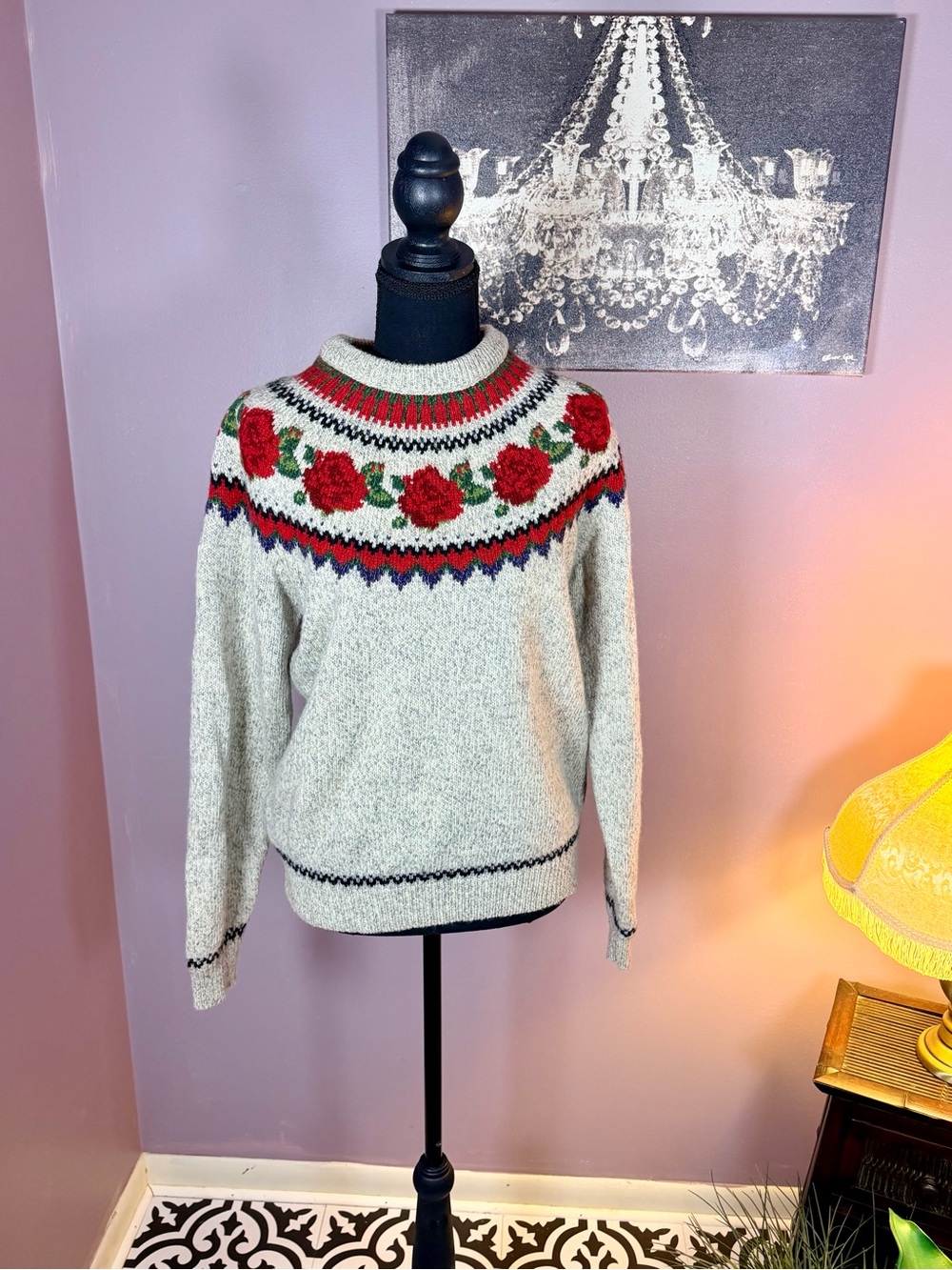 Vintage Woolrich Cream Crewneck Sweater with Red Rose Yoke